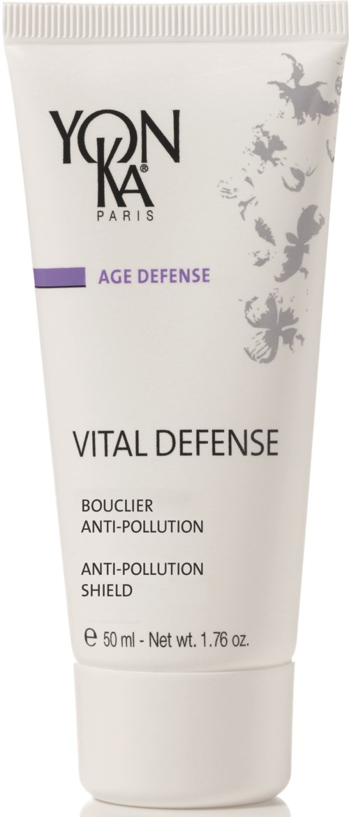 Weiße Tube mit Yon-Ka Vital Defense Anti-Pollution Shield, lila Badge, 50 ml, mit Blättermuster.