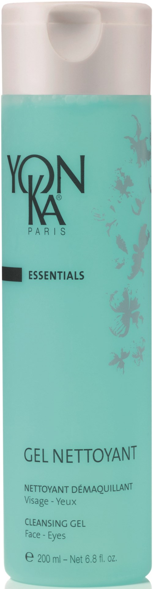 Eine hellblaue Reinigungs-Gelkflasche mit schwarzen und weißen Text und Pflanzenillustrationen, bezeichnet als YONKA Essentials.