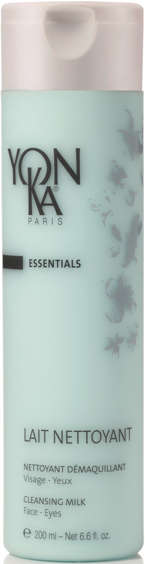 Eine hellblaue Hautpflegeflasche von Yonka, Essentials, Reinigungsmilch für Gesicht und Augen, 200 ml.