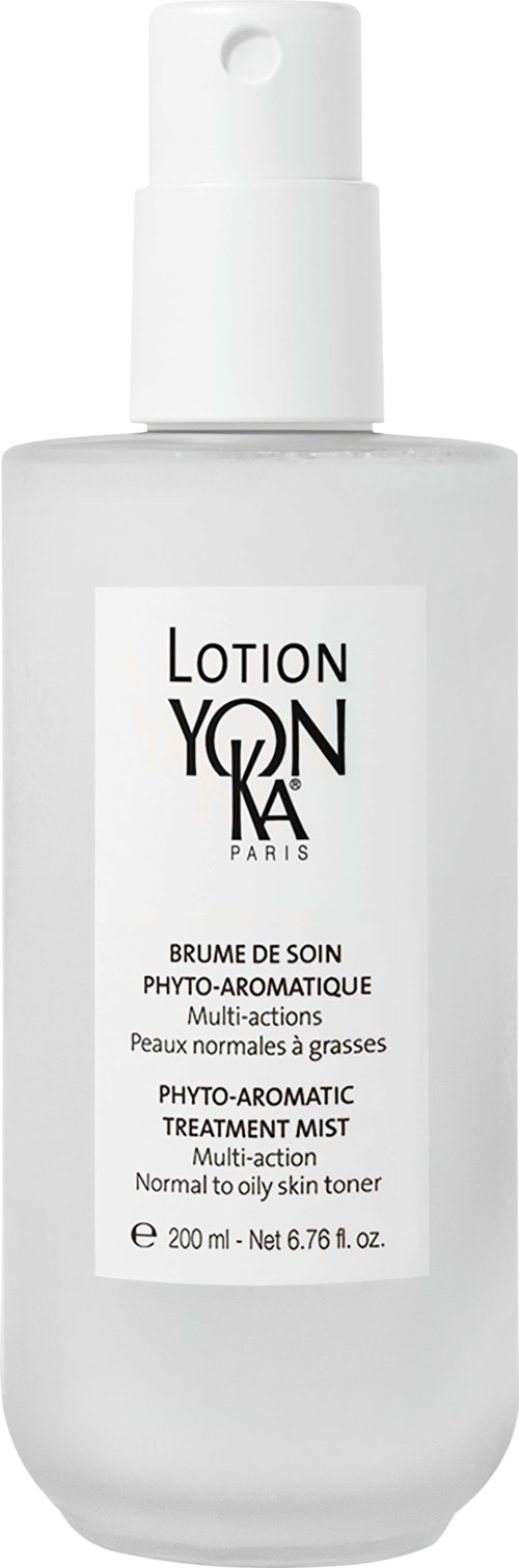 Eine weiße Flasche mit Toner, beschriftet "YONKA PARIS" für normale bis ölige Haut, mit Sprühkopf.