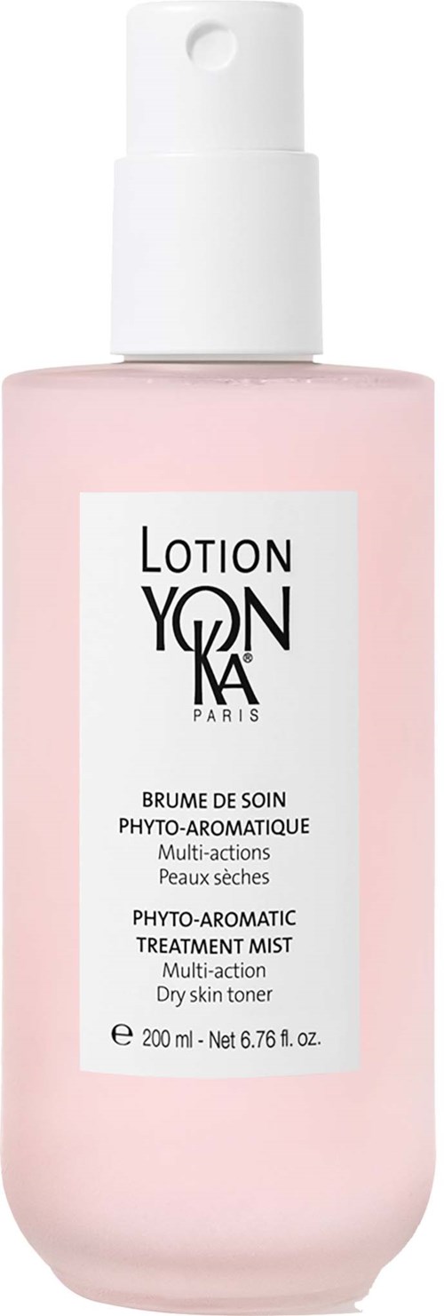Pink bottle of dry skin toner with a white spray cap, labeled as a multi-action treatment from Yonka Paris.