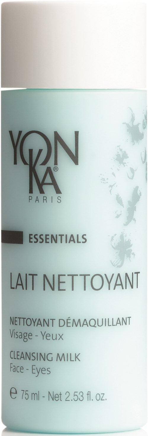 Yonka Paris cleansing milk for face and eyes. Light blue bottle with black and white text. Suitable for makeup removal.