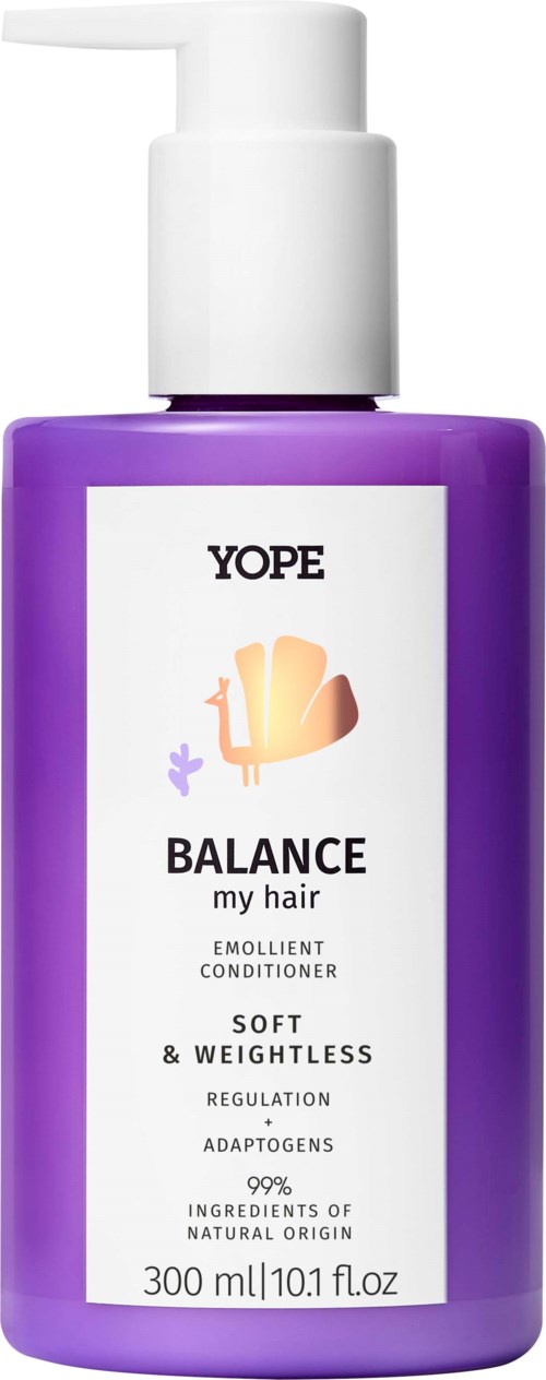 A purple bottle with a pump, labeled 'YOPE BALANCE my hair' conditioner, emphasizing softness and lightweight feel.