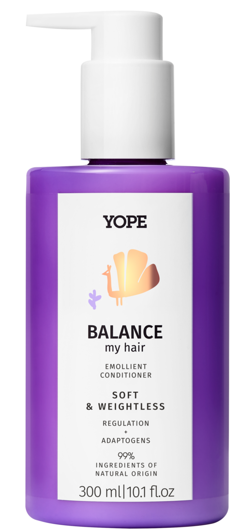Violetti Yope Balance hiusbalmipurkki valkoinen pumppupää ja tuotetiedotetiketti.