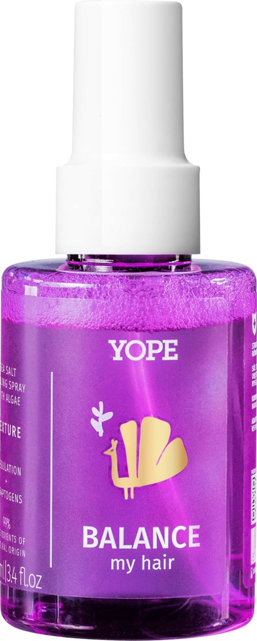 A small purple bottle labeled 'YOPE BALANCE my hair' with a white cap, containing hair product.