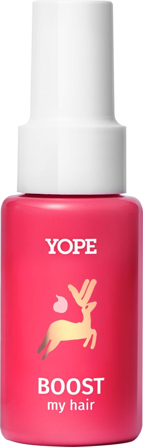 Rote Flasche mit weißer Pumpe, beschriftet 'YOPE BOOST my hair,' mit Kaninchen-Symbol.