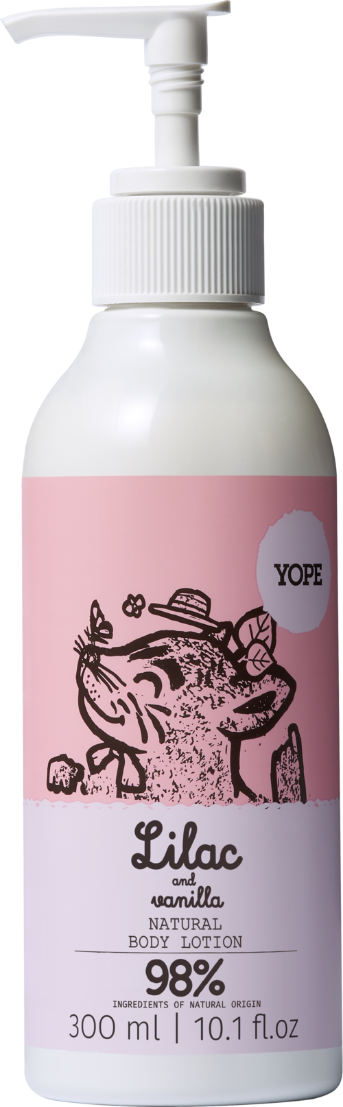 Vaaleanpunainen pullo Lilac and Gourmand -vartalovoiteelle pumppupumpulla ja söpöllä eläinillustratiolla.
