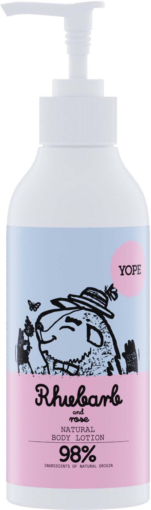 Eine weiße Flasche mit Pumpkopf, beschriftet 'Rhuebard' Naturkörperlotion, 98 % Inhaltsstoffe aus der Natur, mit einer Cartoon-Mädchenfigur.