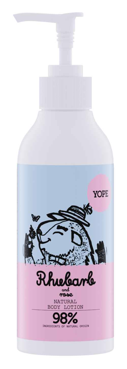 Valkoinen pumppupullo, merkitty Rhubarb and Rose luonnollinen vartalovoide, 98% luonnonmukaisia aineita, tuotemerkki Yope.