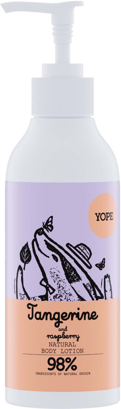 Eine weiße Flasche mit Pumpkopf enthält Körperlotion mit Mandarinen- und Cranberry-Geschmack. Das Etikett ist lila und Pfirsich mit einer Zeichnung von Blättern und einem Wal.