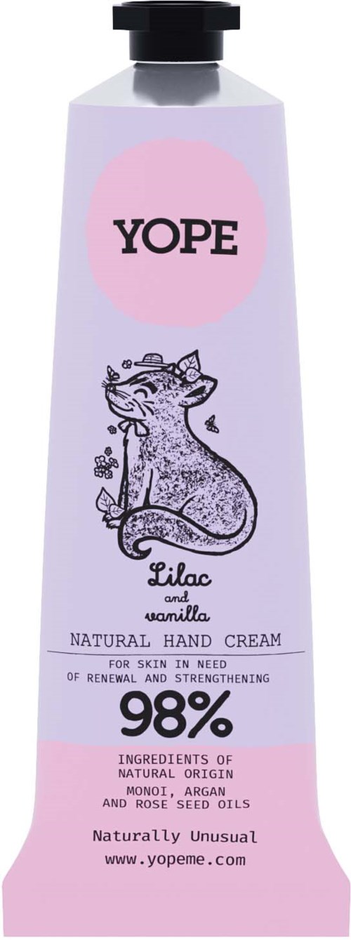 Eine rosa Tube Handcreme mit schwarzem Deckel, zeigt eine Katze und Informationen zu Inhaltsstoffen und natürlicher Herkunft.
