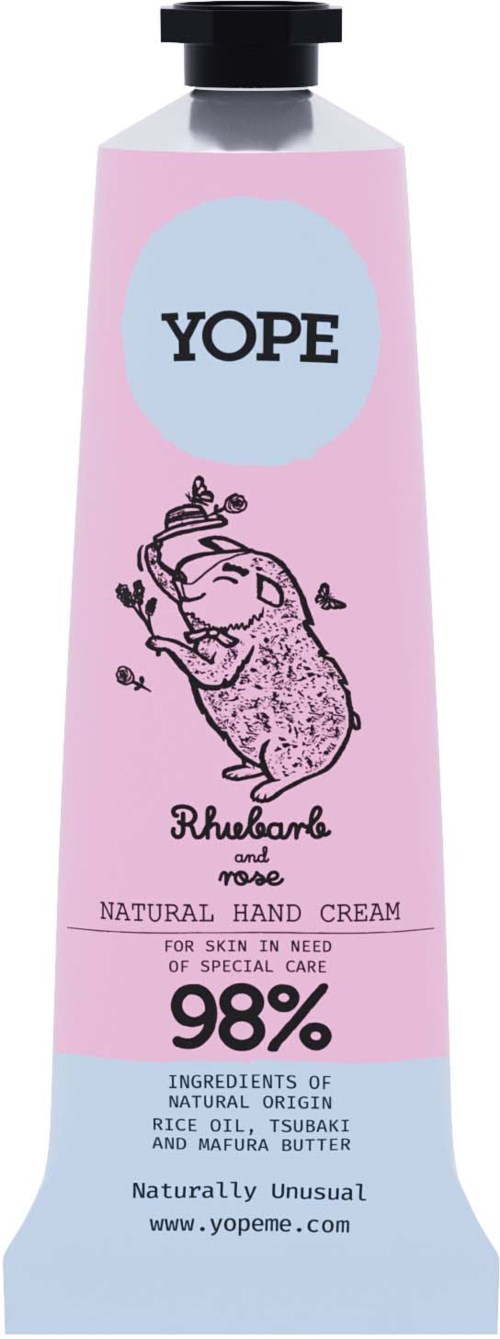Eine rosa Tube Handcreme mit einer süßen Hasenillustration und Text über natürliche Inhaltsstoffe und Hautpflege.