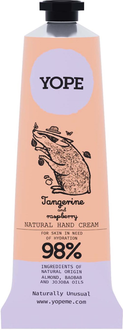 Eine rosa und lila Tube Handcreme mit der Beschriftung YOPE, Handzeichnung und Liste der natürlichen Inhaltsstoffe.