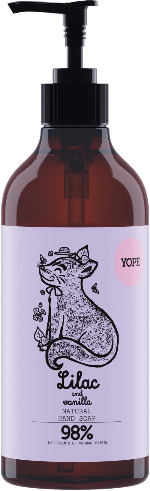 Braune Flasche mit Pumphahn, beschriftet als Lilac Handseife, enthält 98 % natürliche Inhaltsstoffe. Das Etikett zeigt eine Einhornzeichnung.