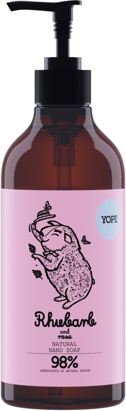 Eine braune Flasche mit schwarzem Pumphahn, rosa Etikett und einer niedlichen Maus, die Herzen hält, mit Beschriftung 'Rhubarbe' Handseife.