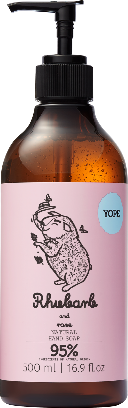 Ruskeapullo käsisaippuaa, vaaleanpunaisella etiketillä kuvalla epämääräisestä eläimestä, nimeltä Rhubarb ja rose.