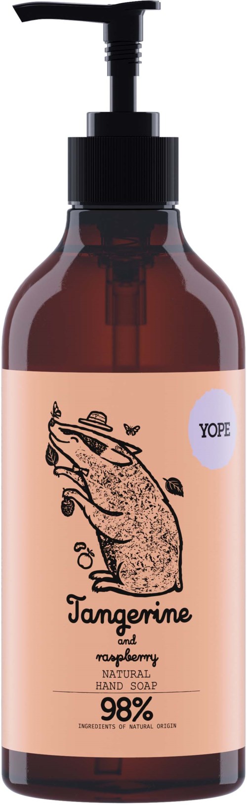 Braune Flasche mit Pumpkopf, bezeichnet 'Jangerine' und 'natürliche Handseife' mit einer Ratte und Zitrone.
