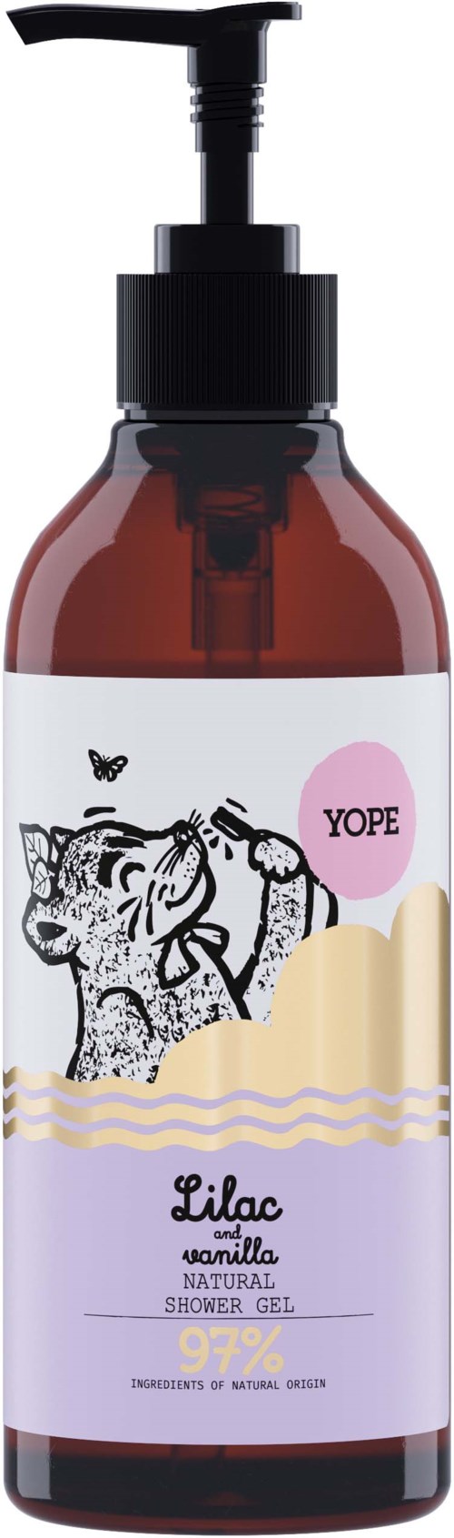 Eine braune Flasche mit Pumpkopf, Etikett zeigt einen Tiger, lila und gelbe Farben und Text über Duschgel.