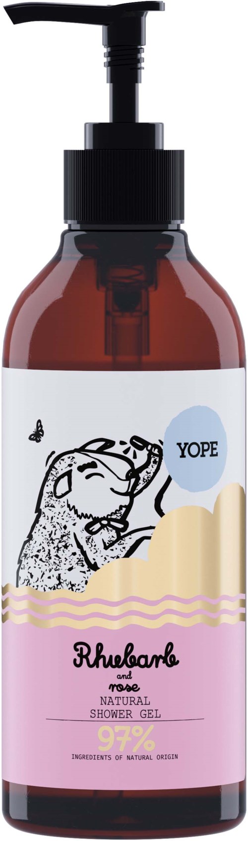 Braune Flasche mit Pumpe, labeled RhuBarb Naturduschgel, mit einer Cartoon-Sloth und dem Wort YOPE.