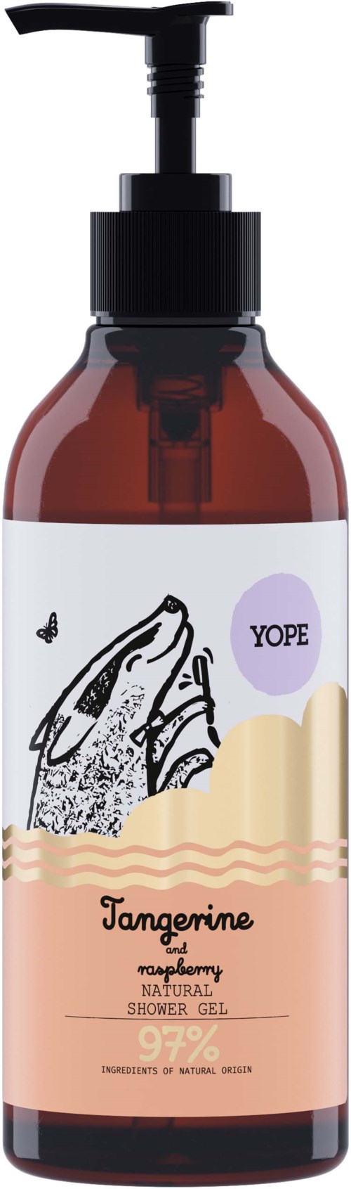 Eine braune Flasche mit Pumpspender für orange-mandarinen Duft Duschgel.