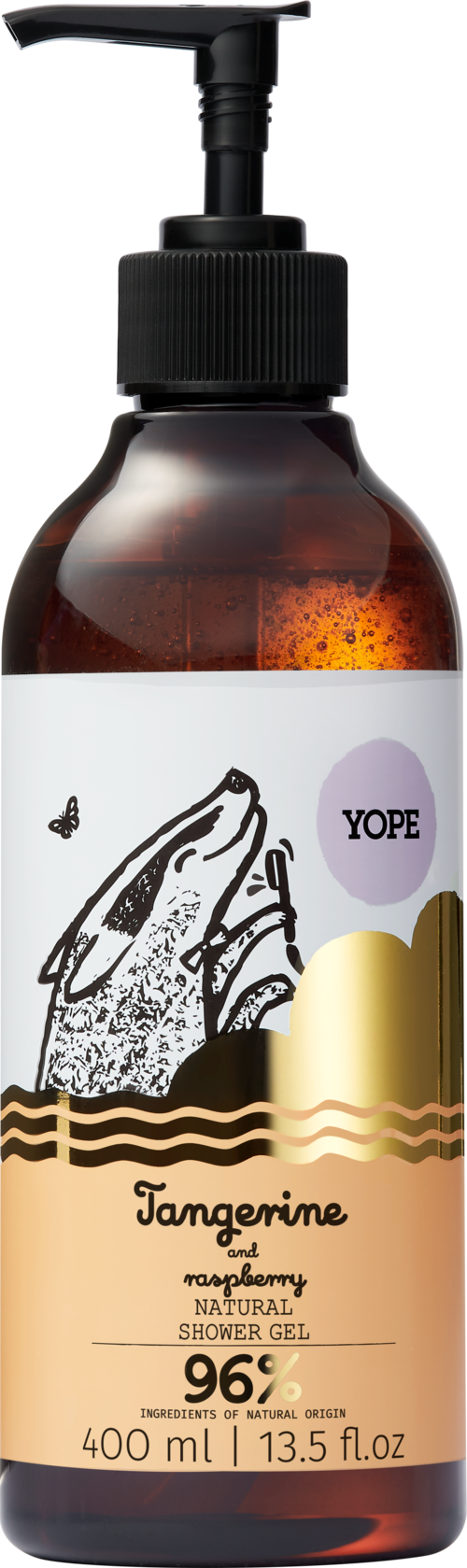 Ruskea pumppupullo sisältää YOPE appelsiini ja greippi luonnollista suihkugeeliä, 400 ml.