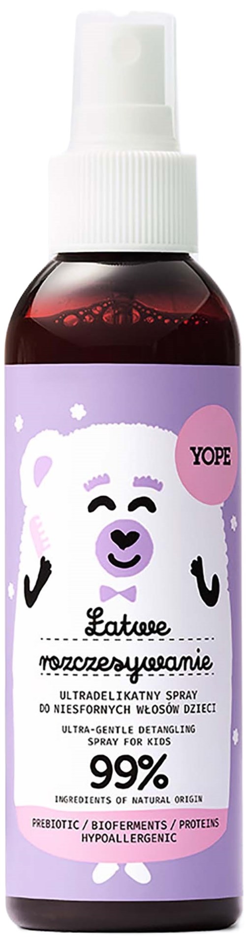 Lasten lempeä suihke, 99% luonnollista, purkissa, jossa bear-kuvitus ja pinkki Yope-logo.