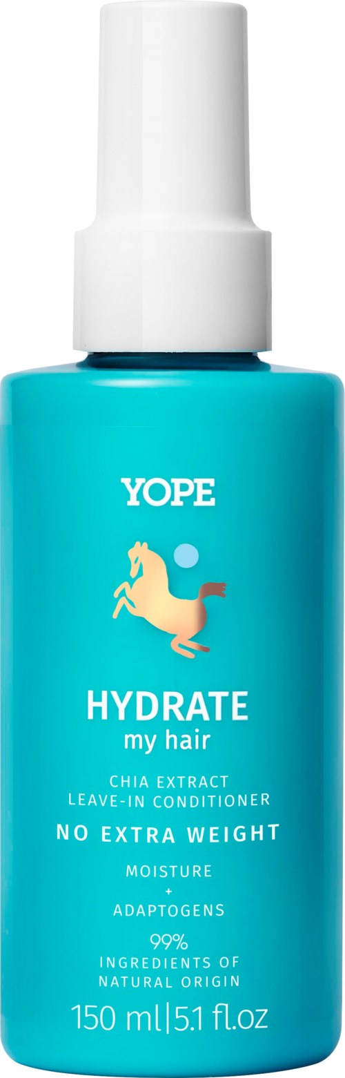 Eine blaue Flasche mit YOPE hydrate Leave-in Conditioner für Haare, mit Chia-Extrakt, ohne zusätzliches Gewicht und natürlichen Zutaten.