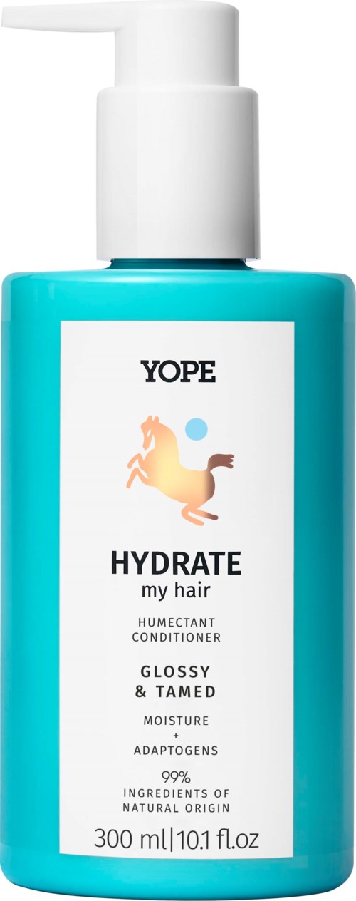 Eine blaue Flasche mit YOPE hydrate Haarkonditionerung mit Pumpe, Pferdelogo und weißem Etikett.