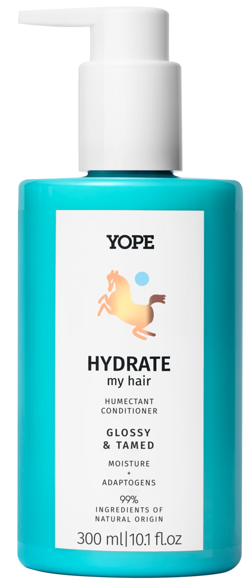 Turkoosi pullo YOPE hydrate my hair -hoitav hoitoaine, valkoinen pumppu, etiketti tuotteesta ja tiedoista.