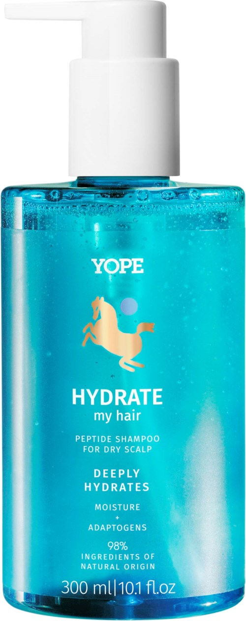 Eine blaue Flasche Yope hydrate Shampoo mit Pumpe, gegen trockene Kopfhaut und für tiefen Feuchtigkeitsausgleich.