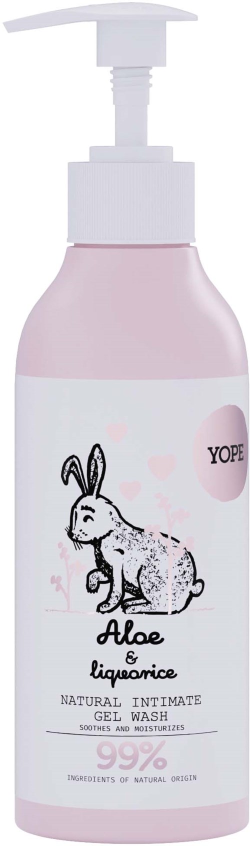 Eine rosa Flasche mit Pumpe, mit Kaninchenzeichnung und Text über Aloe- und Lakritzgel-Seife.