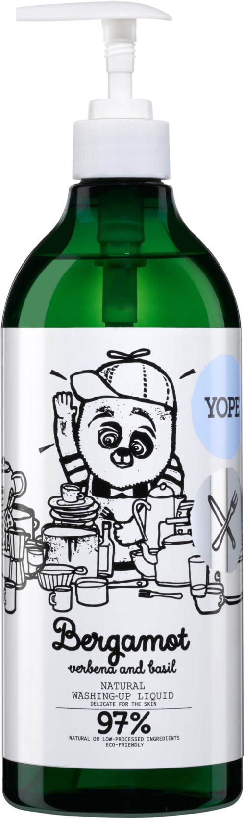 Eine grüne Flasche mit Pumpe, mit einem Cartoon-Jungen und Mütze, bezeichnet als natürlichen Reinigungsflüssigkeit.