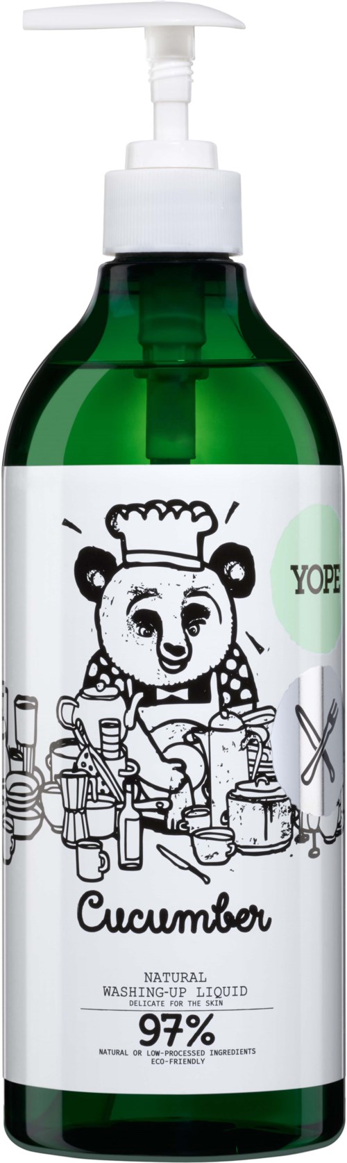 Eine grüne Flasche mit Pumpe enthält Gurken-Duft-Reinigungsmittel, mit Bärenkoch-Illustration und 97% natürlichen Inhaltsstoffen.