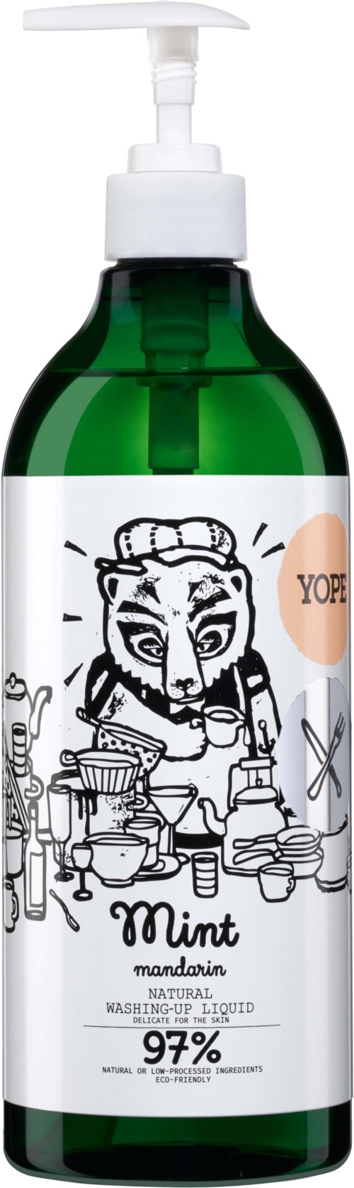 Eine grüne Flasche mit Pumpkopf, mit einer Zeichnung einer Ziege und Worten über Minze und natürliche Inhaltsstoffe.