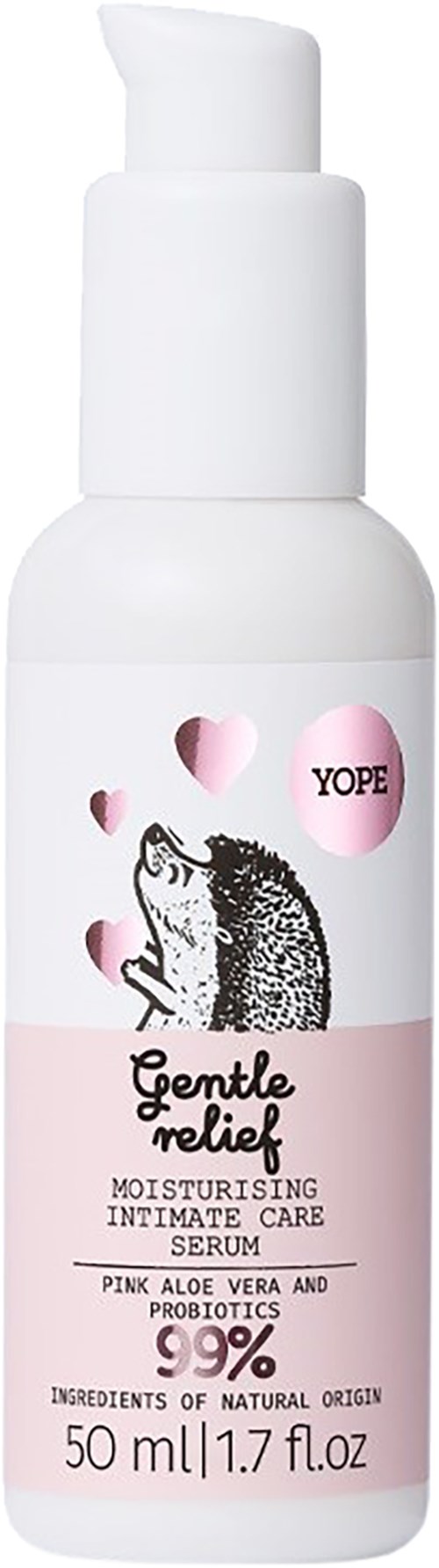 Weiße Flasche mit Pumpe, rosa Herzen, Bärenillustration und Text zu feuchtigkeitsspendender Intimpflege mit natürlichen Inhaltsstoffen.