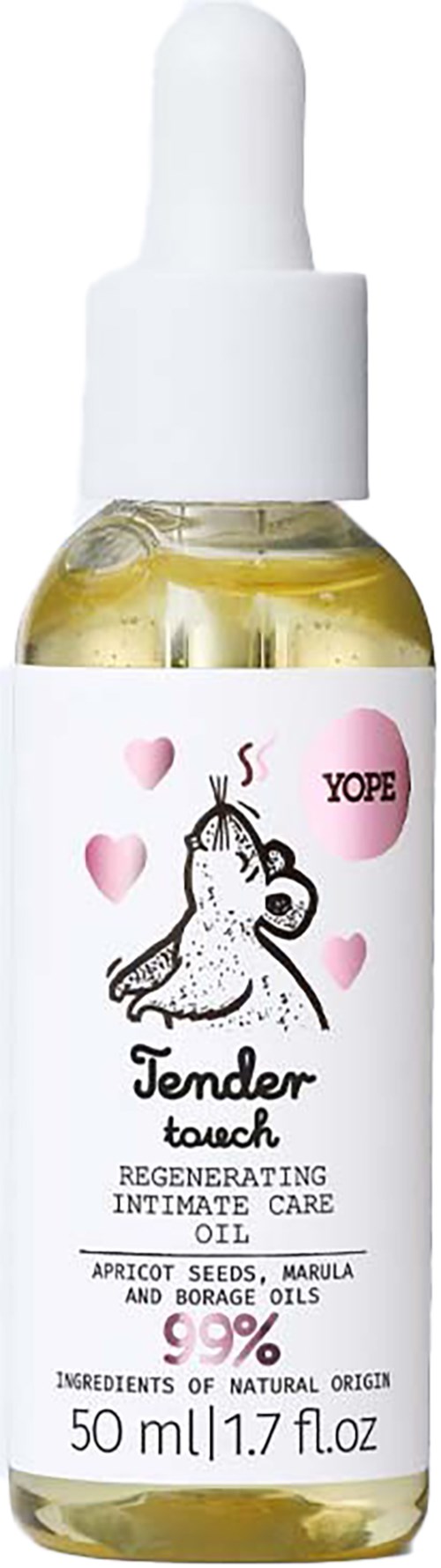 Kleine Flasche mit Tropfer, enthält gelbliche Öl. Auf dem Etikett sind Einhorn, Herzen und Text zu Intimhygiene.