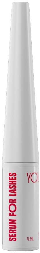 En vit tub med röd text som säger 'SERUM FOR LASHES' och '4 ml'.