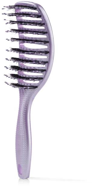 A purple hairbrush with black bristles and a curved handle.