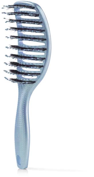 A blue hairbrush with black bristles, curved shape, and a textured handle for grip.