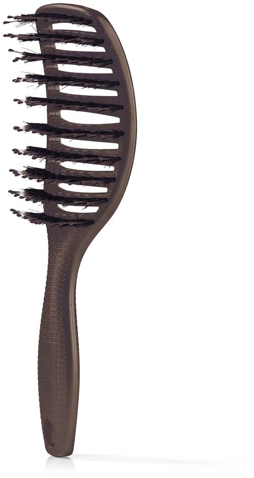 A dark brown hairbrush with wide teeth and a curved handle. Suitable for detangling hair.
