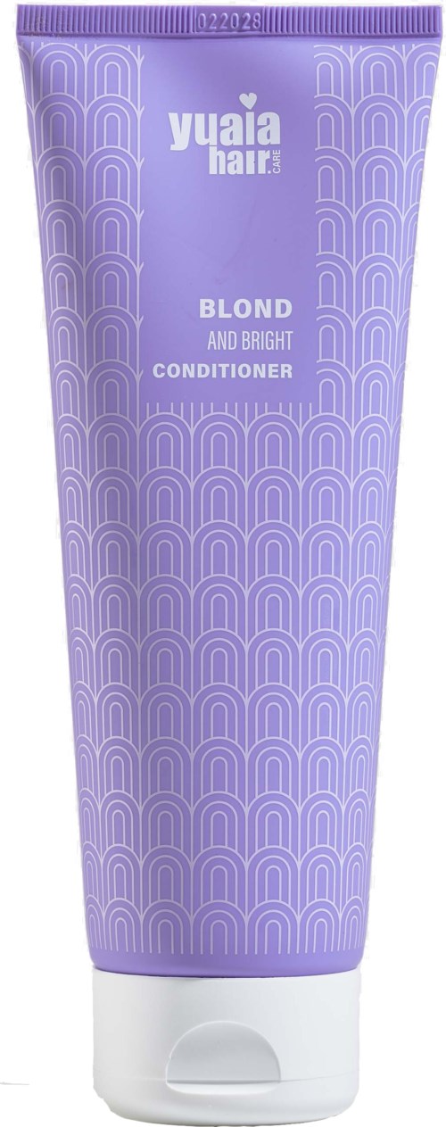 A purple tube of YUAIAHAIR blonde conditioner with a white cap, decorated with semi-circle patterns.