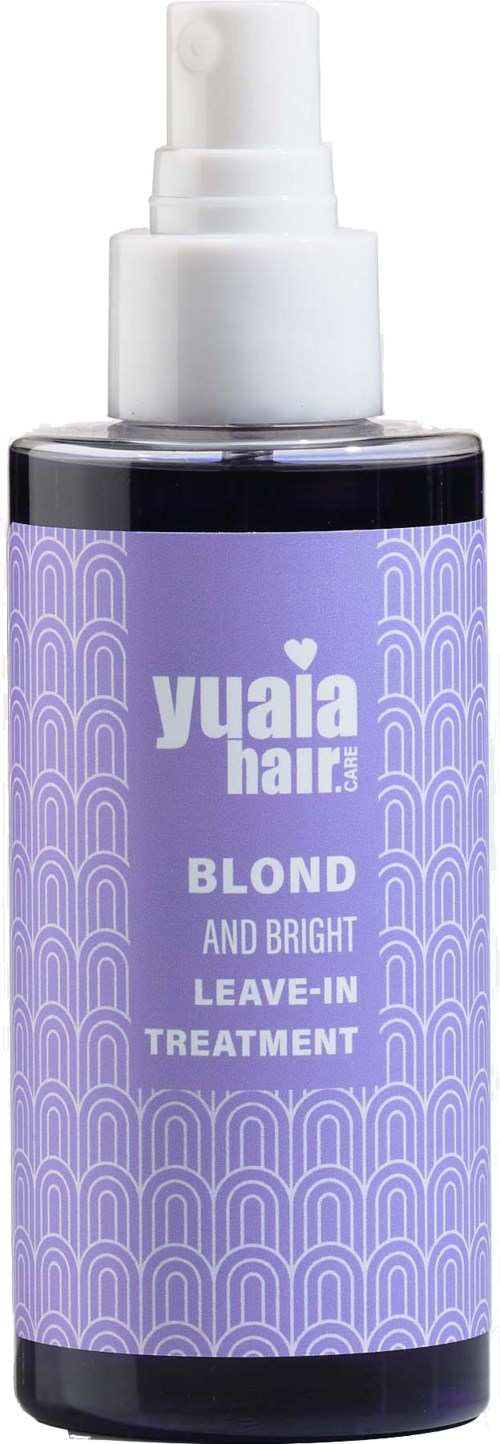 A purple bottle with a white spray top, labeled 'Yuaia Hair', for blond and bright hair leave-in treatment.