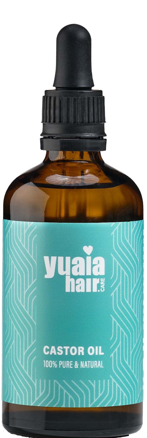 Kultainen lasipullo mustalla tipparuiskalla, merkinnällä "Yuja Hair" castoröljy, 100 % puhdasta ja luonnollista.