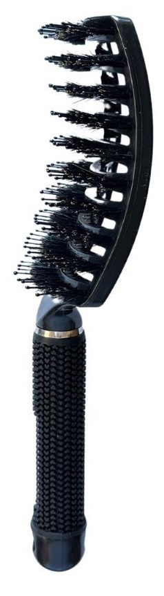 A black curved hairbrush with rounded bristles and a textured handle.