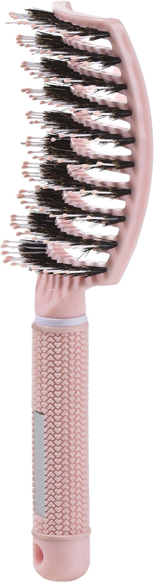 A pink heated hairbrush with multiple rows of black and white bristles, standing vertically.