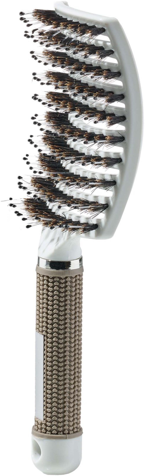 A brush with many black and brown bristles, curved white back, metal handle, and scattered bristles.