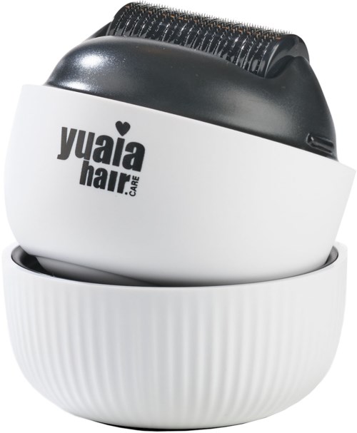 En hvit enhet med svart topp, merket 'Yuaia Hair Care', ser ut som en hårfjerning eller hudpleieenhet.