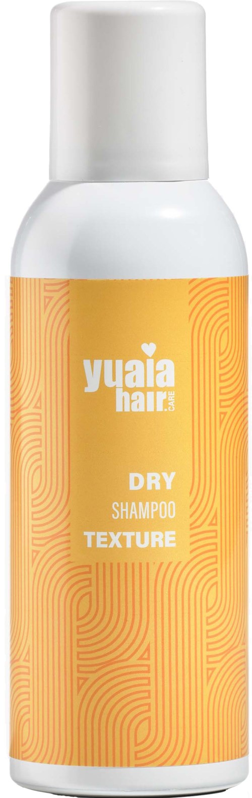 A white bottle with orange label, contains dry shampoo for textured hair by Yuaia. Small cylindrical shape.