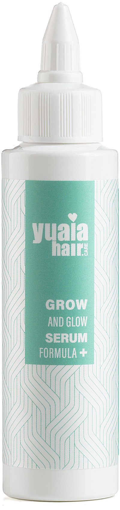 En hvit flaske med en blå-grønn etikett med teksten 'Yuala Hair GROW AND GLOW SERUM FORMULA+'.