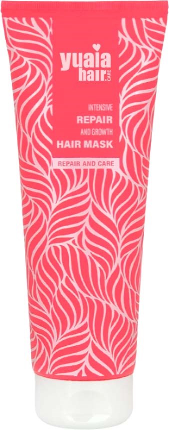 A pink tube contains Yucca Hair Repair and Growth Hair Mask with white leaf patterns on the packaging.